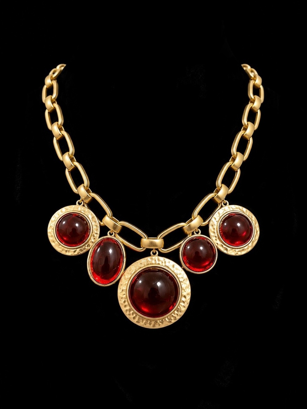 Gold-Tone Necklace with Red Cabochon Pendants